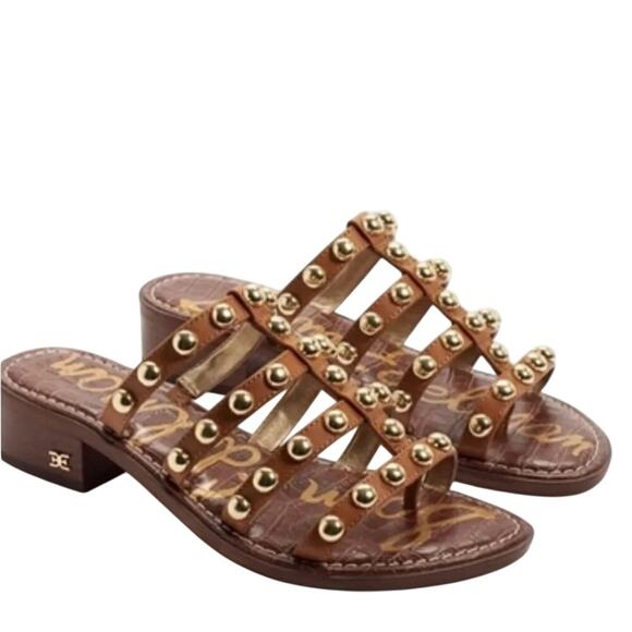 Sam Edelman Shoes - Sam Edelman Juniper Studded Gladiator Slide Sandal Brown Leather Gold 8.5 38.5